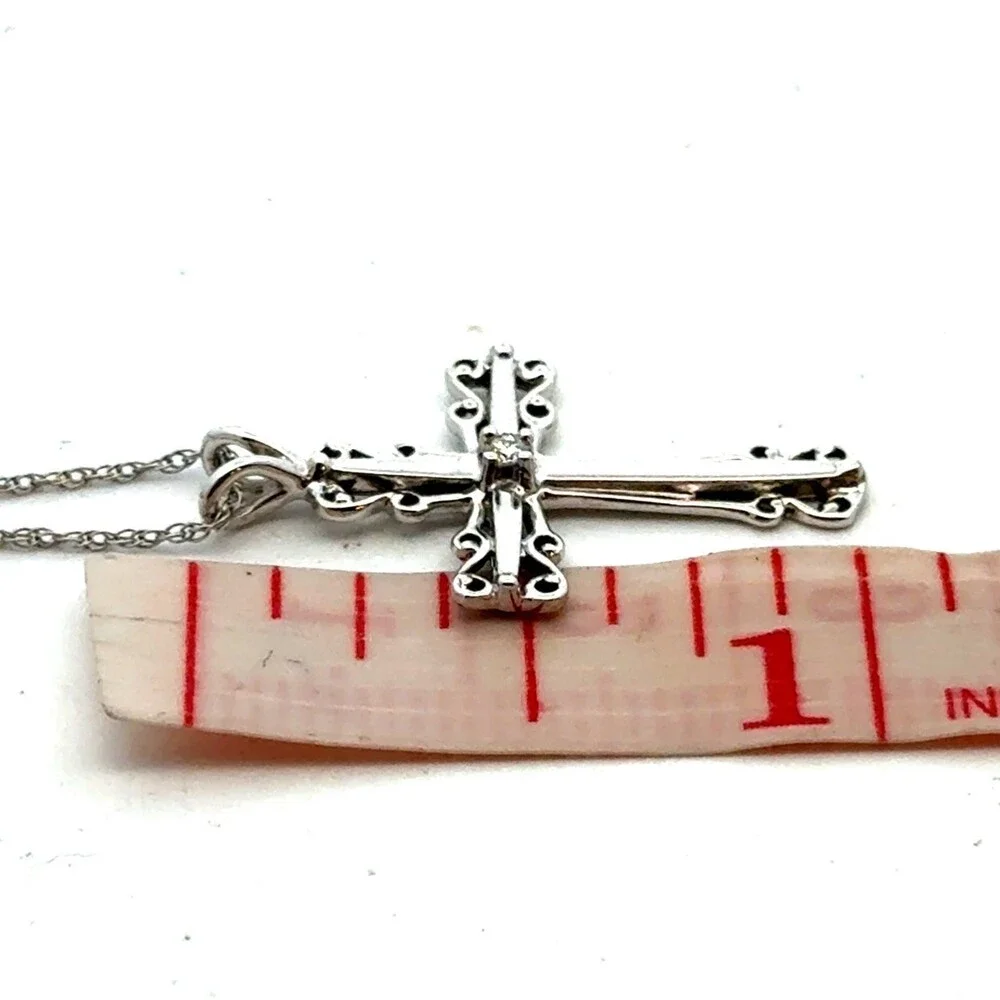 Beautiful 14K White Gold Diamond Solitaire Holy Cross Scroll Pendant Necklace - Picture 11 of 11